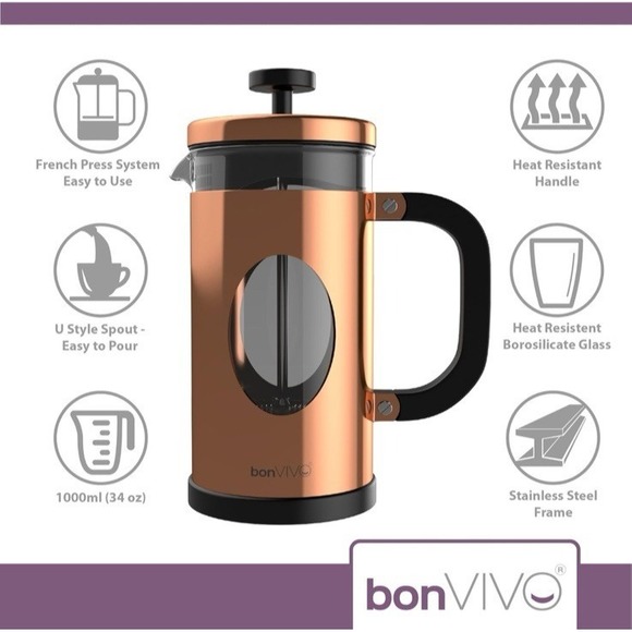 BonVivo Gazetrao I 34 oz (8 Cup) French Press Copper Finish NEW - Picture 8 of 11